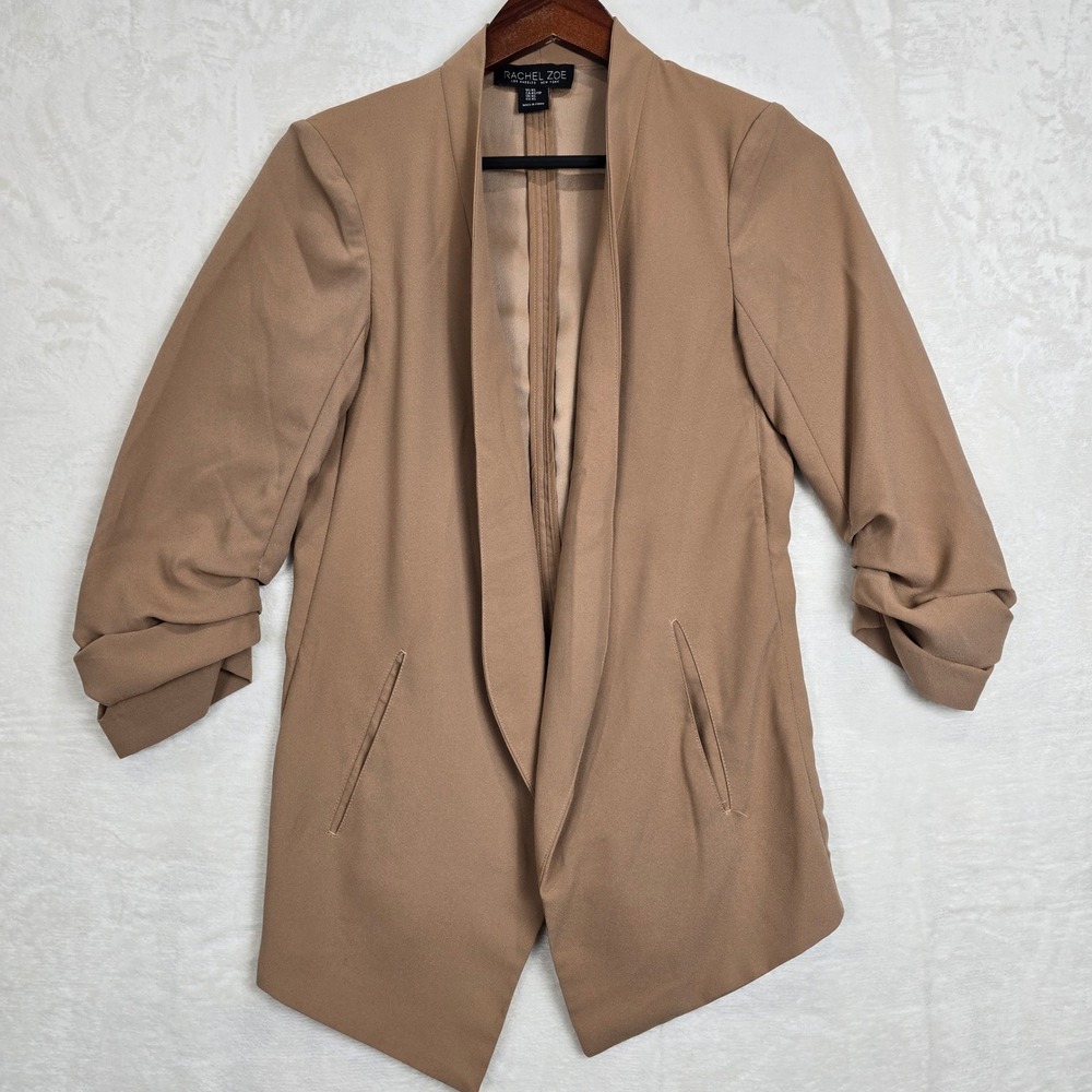 Rachel Zoe Tan Ruched 3/4 Sleeve Open Front Blazer XS Camel High Low Tulip Hem